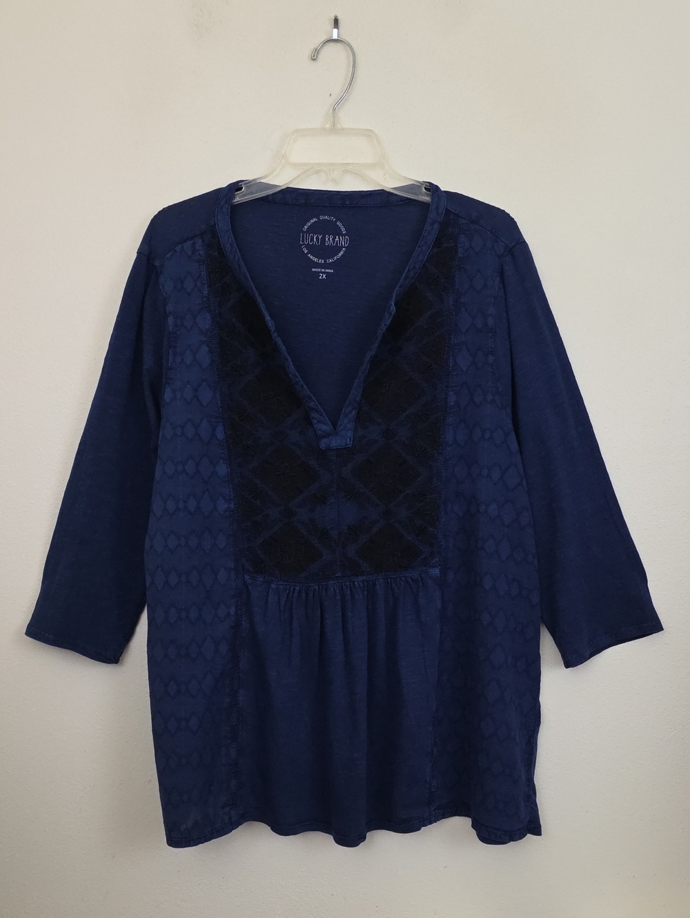 Lucky Brand Blue & Black  Embroidered Boho Peasant Top 2X